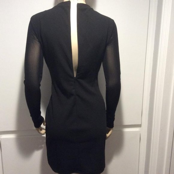 Haute Monde bodycon black mini NWOT metal gold studs & sheer long sleeves size L - Picture 7 of 7